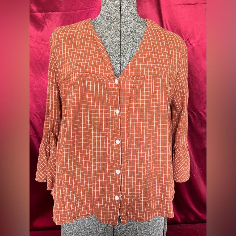 Madewell Rust Orange Grid Button-Front Blouse